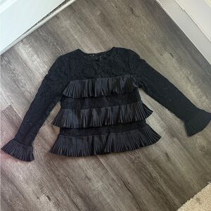 J.Crew Black Lace Pleated Ruffle Blouse Women’s Size 2